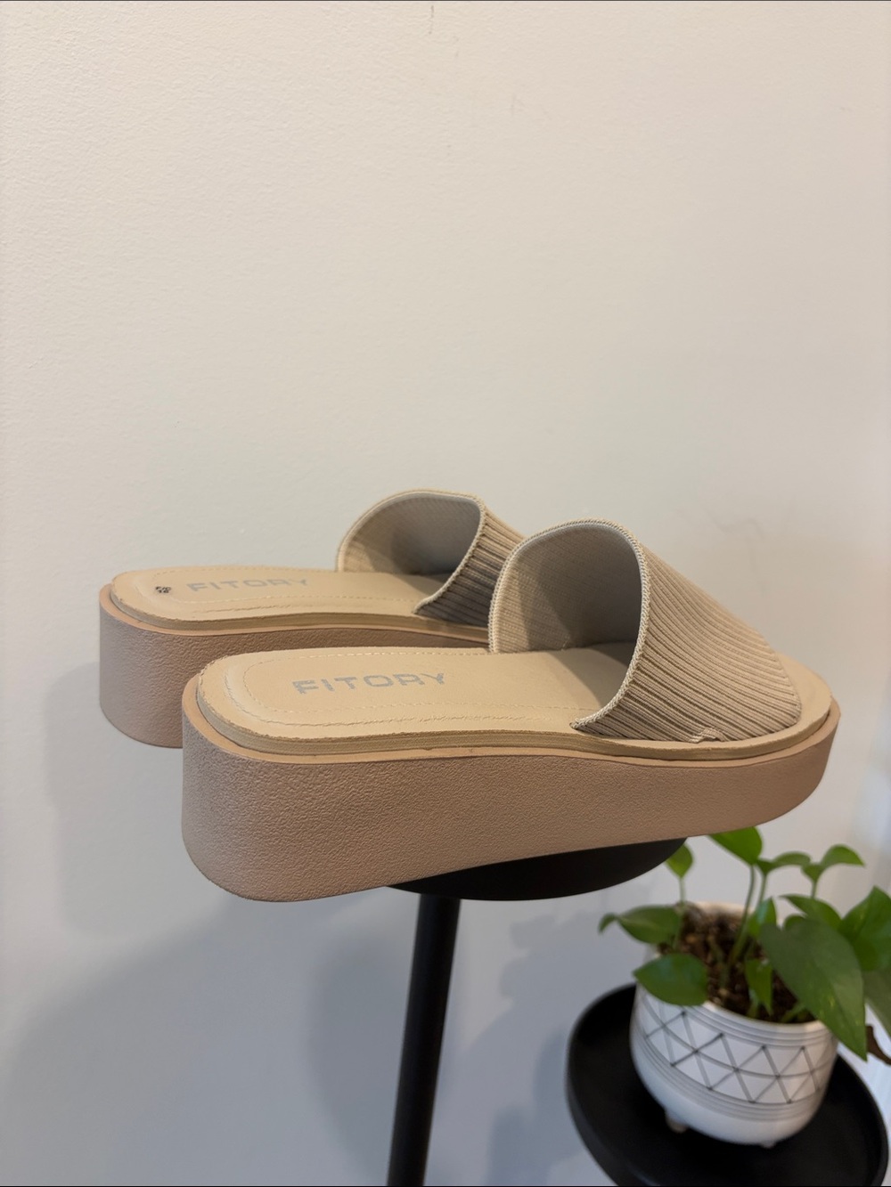 Beige Ribbed Stretch Platform Slide Sandals - Picture 4 of 7